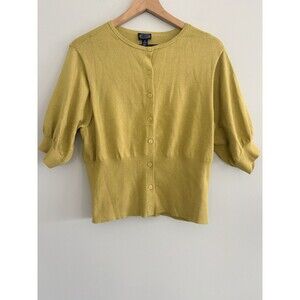 Scoop Button Down Cardigan Green Short Puff Sleeves Fitted Waist Womens Size XL